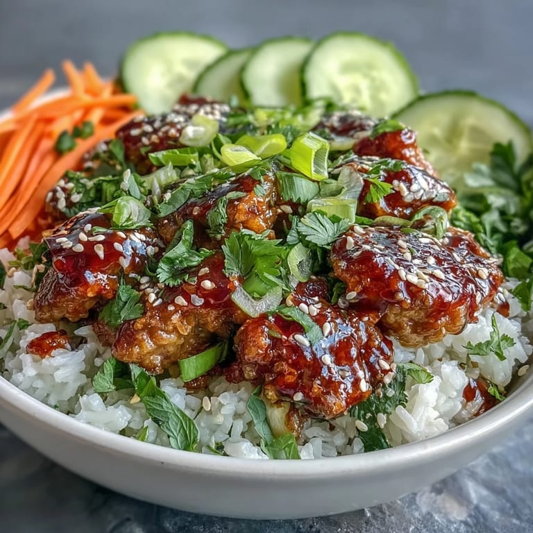 Seared ground turkey glazed in tangy bang bang sauce served over rice with crisp veggies.