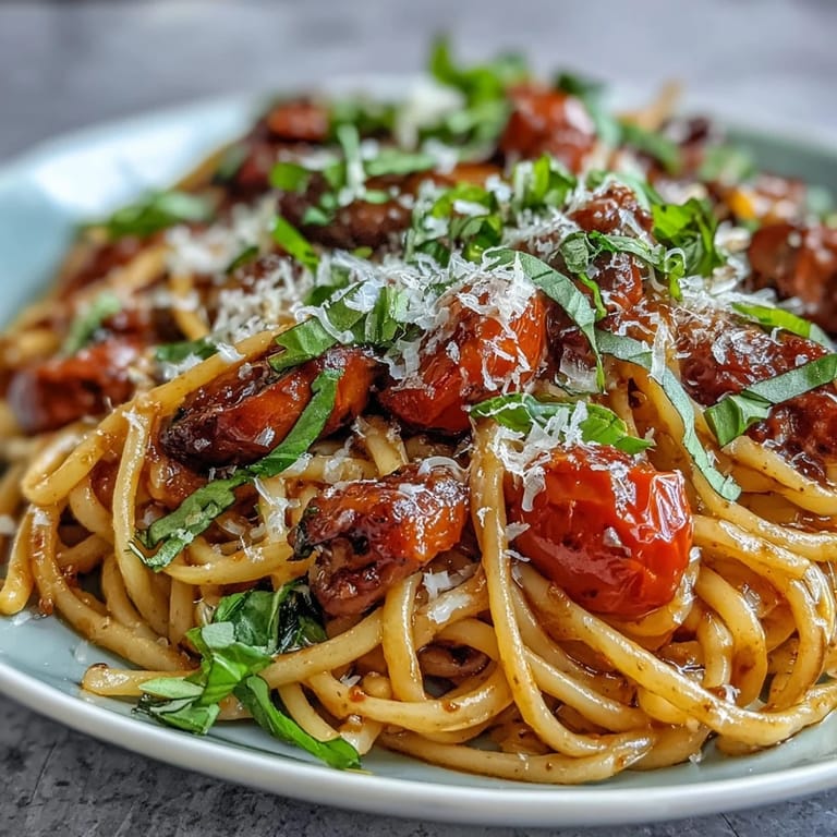 Vibrant plated Italian Drunken Noodles garnished with fresh basil, parsley, and lemon wedges, paired with a glass of red wine.