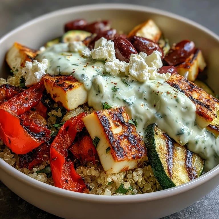 Halloumi or chicken with eggplant and zucchini, topped with olives and fresh parsley on a bed of fluffy quinoa.