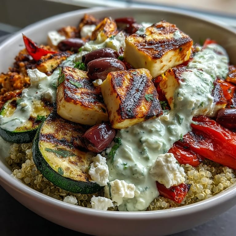 A vibrant Mediterranean bowl with juicy grilled vegetables, creamy tzatziki sauce, and golden halloumi, ready to enjoy for dinner.