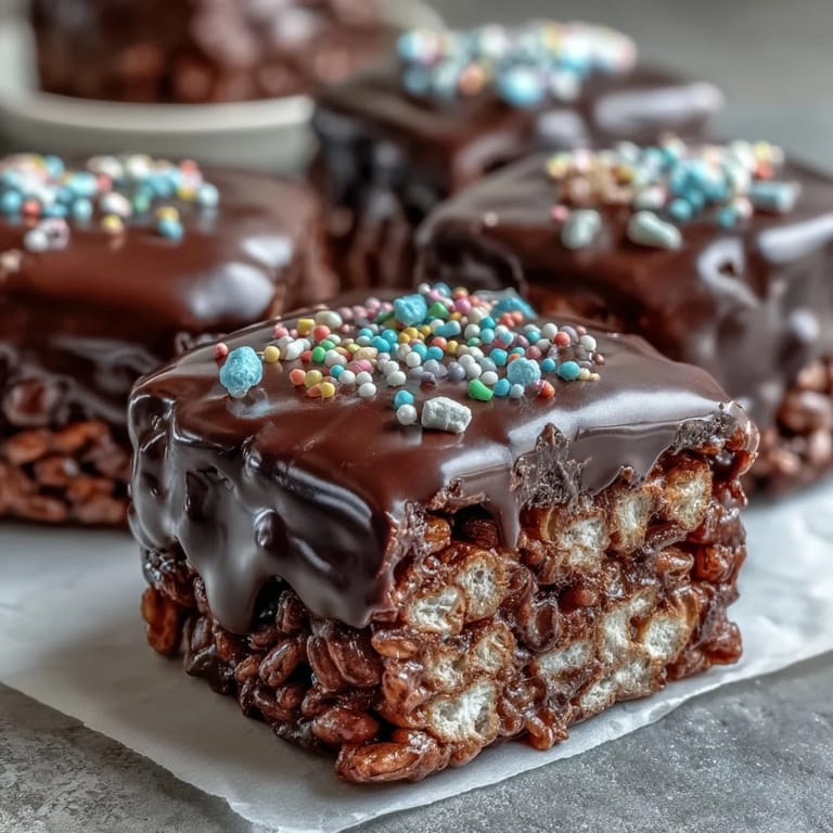 A single Chocolate Covered Rice Krispy Treat bar rests on a plate with a crumbly, golden cereal base beneath a generous chocolate shell. Melted chocolate glistens while colorful sprinkles add cheerful texture to this classic American dessert.