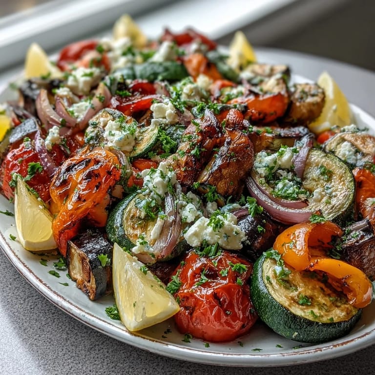 Colorful roasted Mediterranean Greek vegetables with olives and feta, perfect as a vegetarian dinner side dish.
