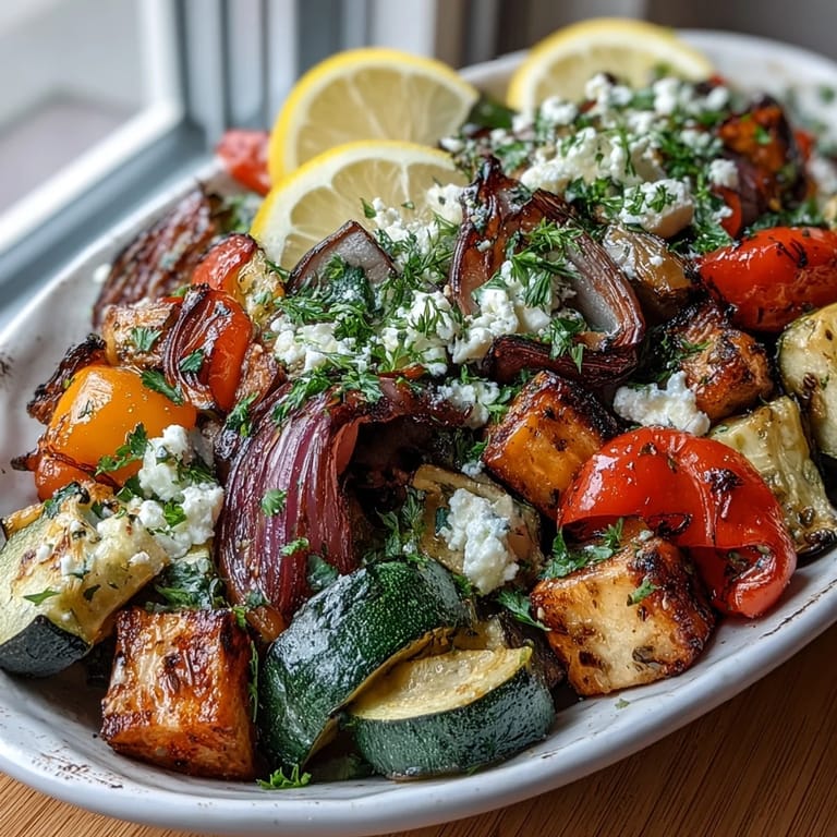 Golden, caramelized roasted Mediterranean Greek vegetables served warm from the oven with juicy cherry tomatoes and lemon.
