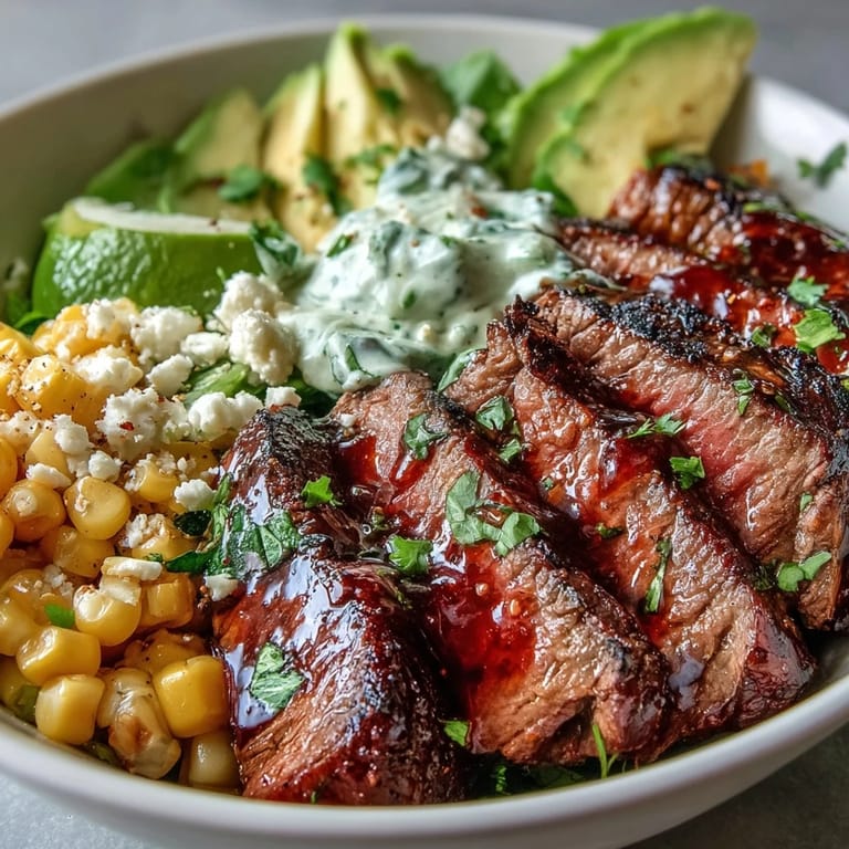 Tender slices of marinated flank steak layered over fluffy rice, bright cherry tomatoes, and red onions in a Tex-Mex bowl.