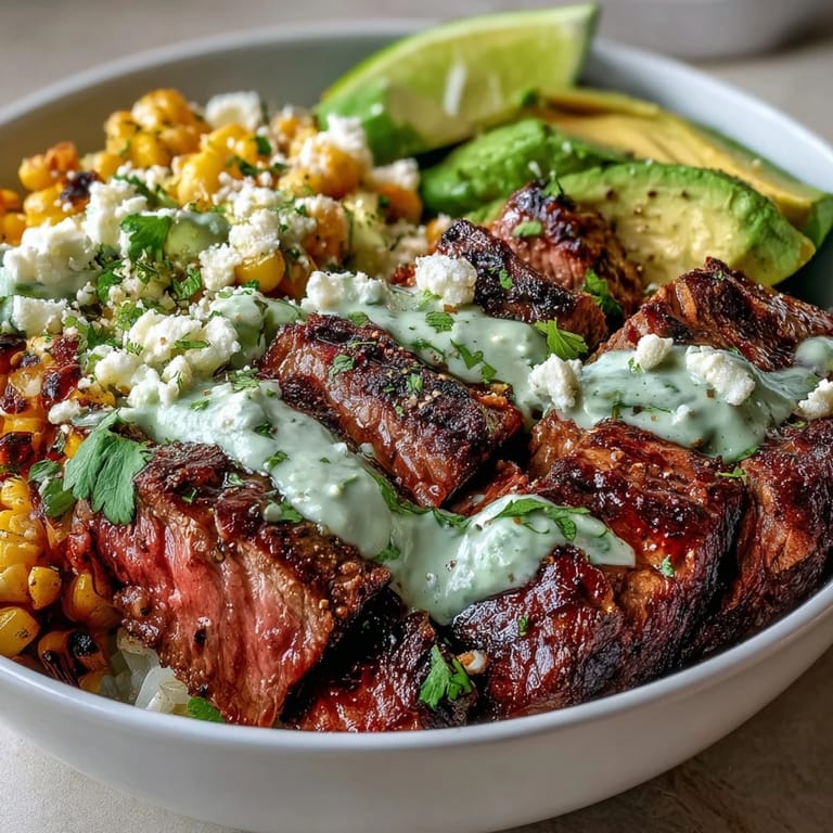 Close-up of a hearty steak and roasted corn bowl with avocado and cilantro lime sauce, ready to serve for dinner.