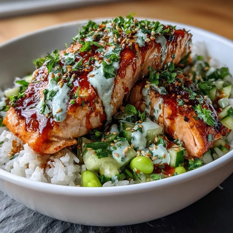 A hearty Bang Bang Salmon Bowl garnished with lime wedges, sesame seeds, and cilantro, drizzled with creamy, spicy bang bang sauce for a fresh, flavor-packed meal.