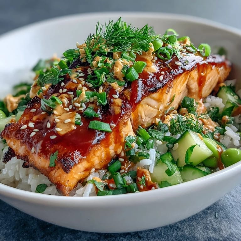 Close-up of a Bang Bang Salmon Bowl showcasing tender salmon fillet, vibrant cucumber-edamame salsa, and a generous swirl of creamy, spicy bang bang sauce.