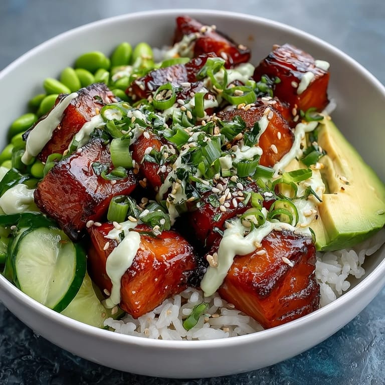 A close-up of the Salmon Rice Bowl shows drizzled spicy sriracha mayo and toasted sesame seeds over colorful, nutritious ingredients ready to enjoy.  