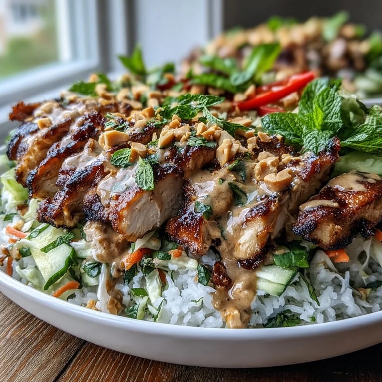 Freshly assembled Rice Paper Roll Bowl featuring tofu, crunchy carrots and cucumber, topped with chopped peanuts and fragrant herbs.