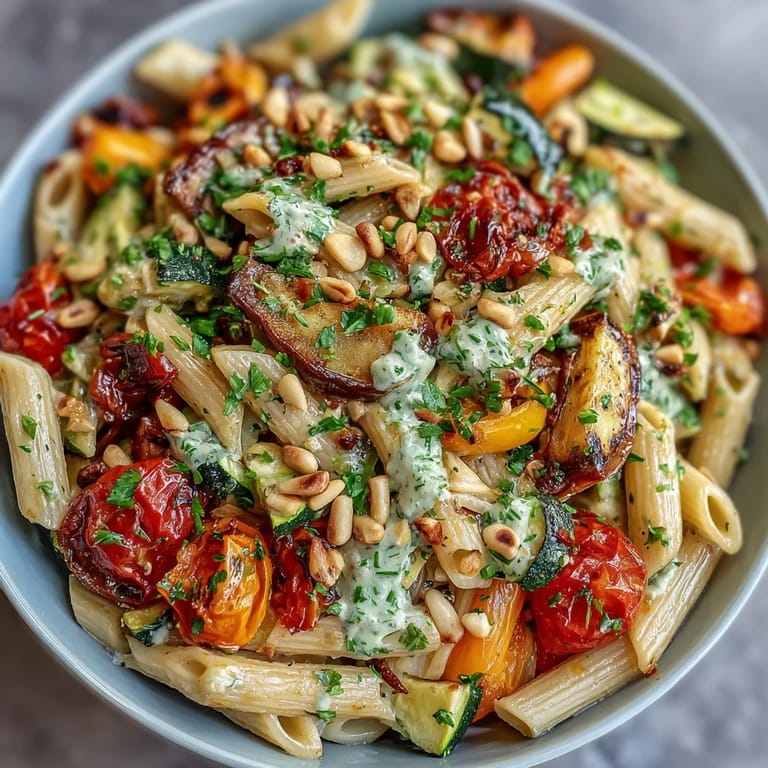 Savory whole wheat pasta bowl with roasted zucchini, bell peppers, and a protein-rich cannellini bean sauce.