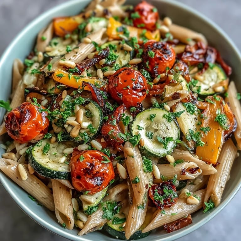 Hearty vegetarian whole wheat pasta bowl served warm with roasted cherry tomatoes and a drizzle of lemony sauce.