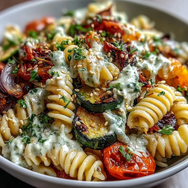 A close-up of a warm Chickpea Pasta Bowl featuring golden zucchini, bell peppers, and onion.