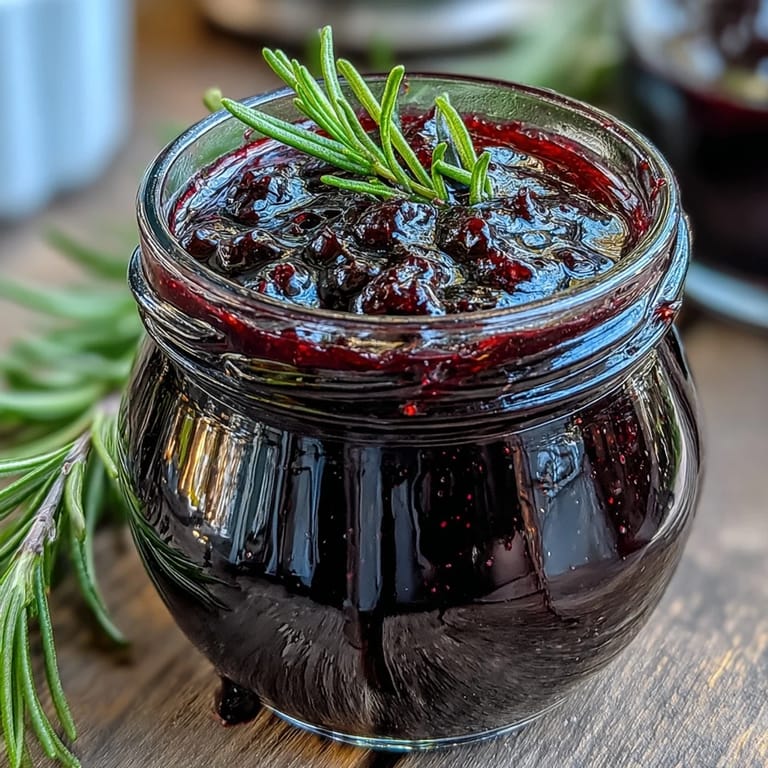 Deep purple Black Currant and Rosemary Reduction simmering in a saucepan with chopped shallots and aromatics.