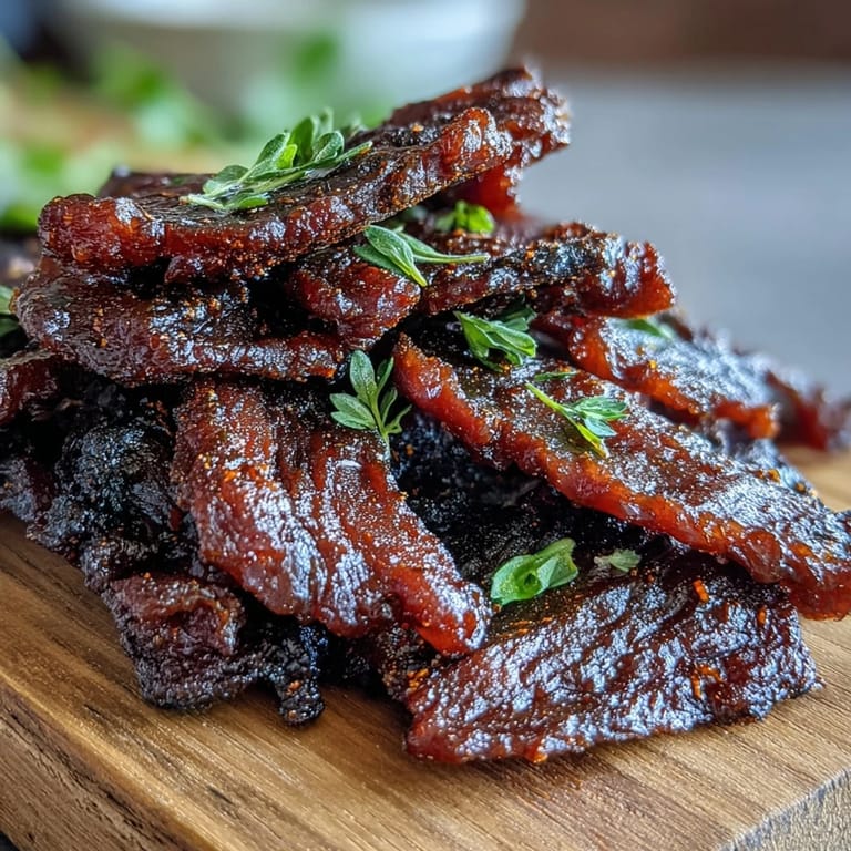 A plate of Black Currant Smoky Jerky served on a rustic wooden board with pickles.