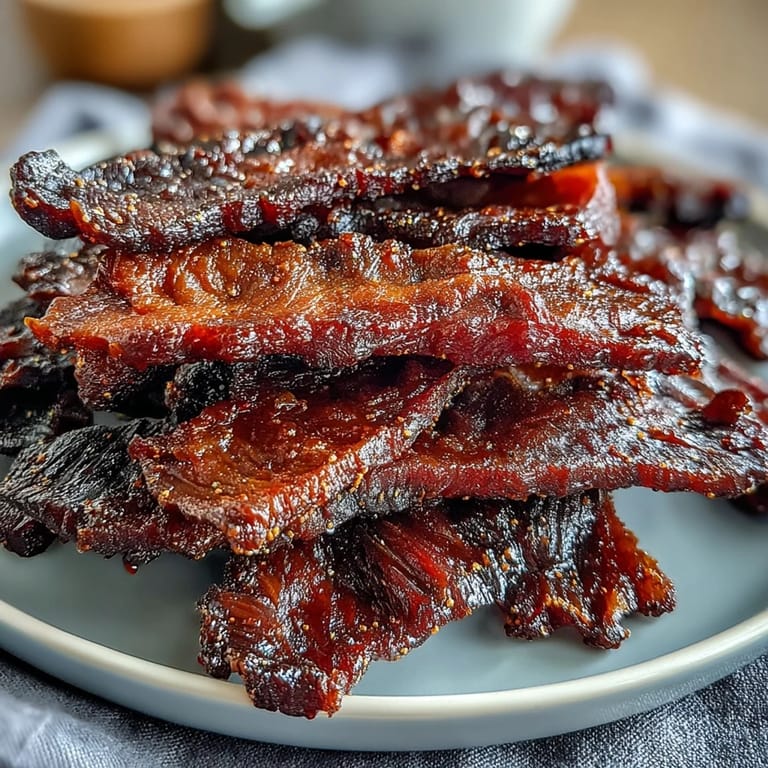 Handheld piece of Black Currant Smoky Jerky revealing tender beef marinated in sweet berry sauce.