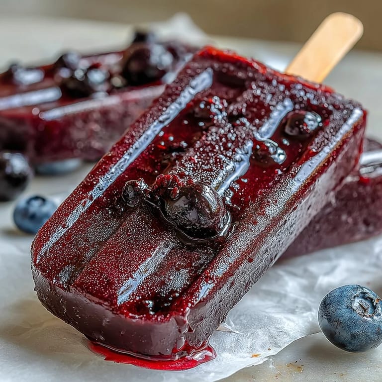 A close-up of vibrant Black Currant Popsicles held by a hand, highlighting the bold purple color and juicy texture, perfect for a cool vegan treat.