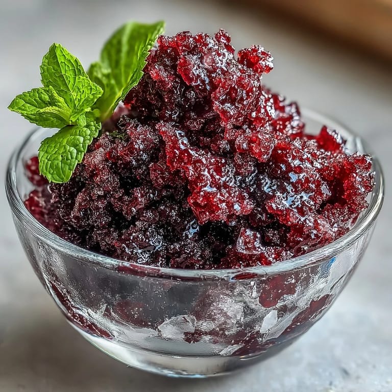 Freshly scraped Black Currant Granita in a chilled glass, featuring icy red-violet crystals and a fresh mint garnish.