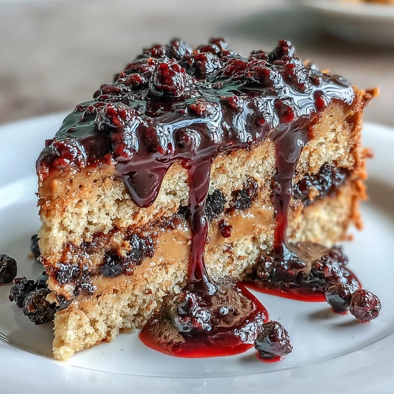 A plated slice of PB and J Cake With Black Currant Sauce reveals creamy peanut butter crumbs and a vibrant jammy center.