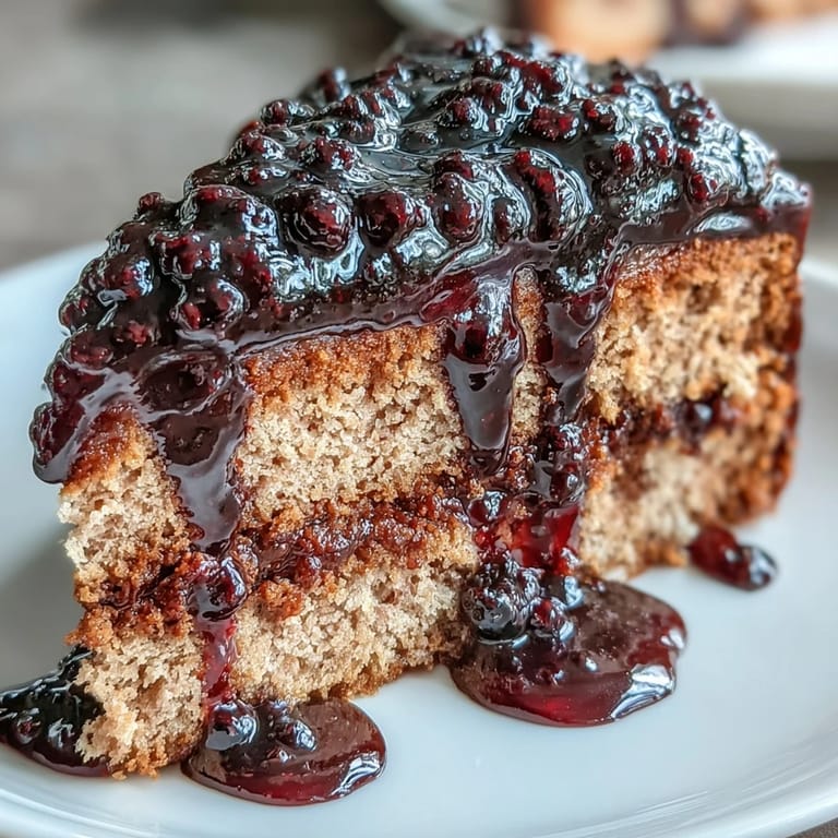 Freshly baked PB and J Cake With Black Currant Sauce served warm on a rustic plate, perfect for a family dessert.