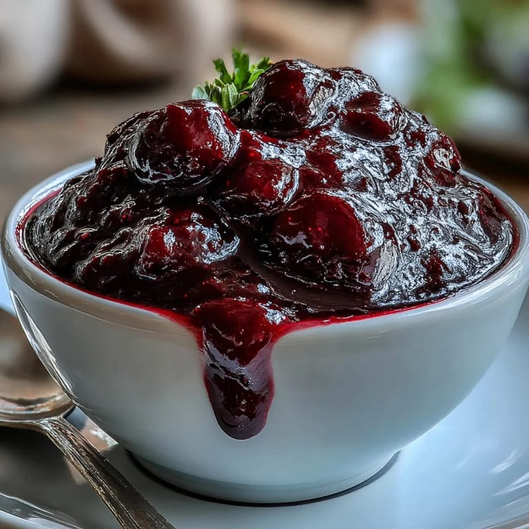 Simmering Black Currant Reduction in a saucepan with fresh thyme and bay leaf for a savory sauce.