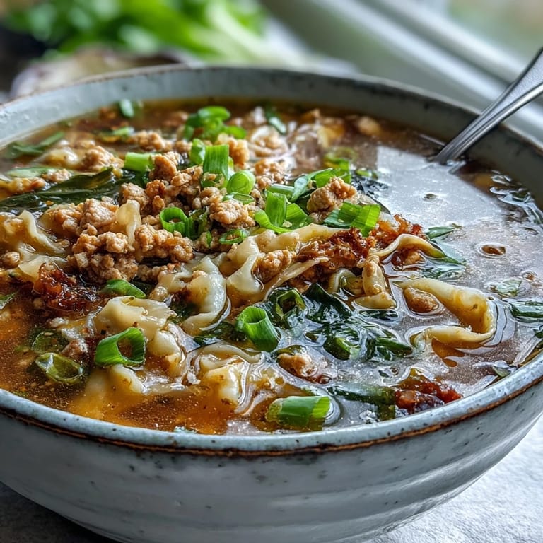 Spoonful of One-Pot Egg Roll Soup showing tender pork, shredded cabbage, and a silky egg ribbon in savory broth.