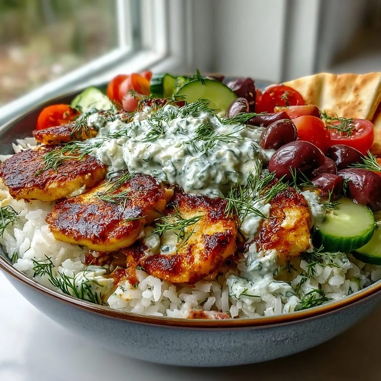 Enjoy a Mediterranean Greek Halloumi Power Bowl plated on white ceramic with herbs, bright veggies, and olive oil.