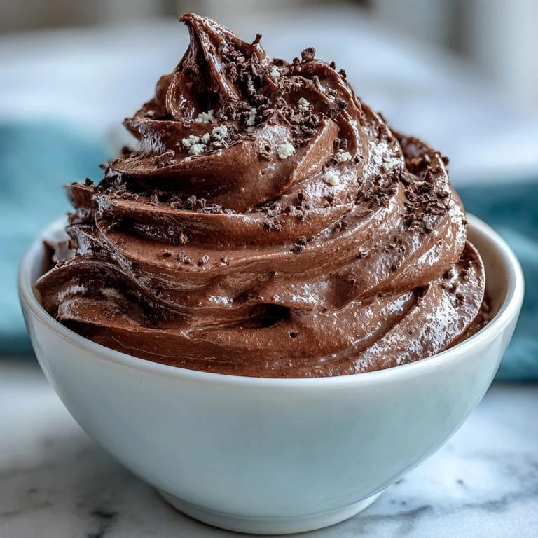 Whipped chocolate Protein Fluff with a fluffy texture, garnished with cocoa powder and a strawberry.