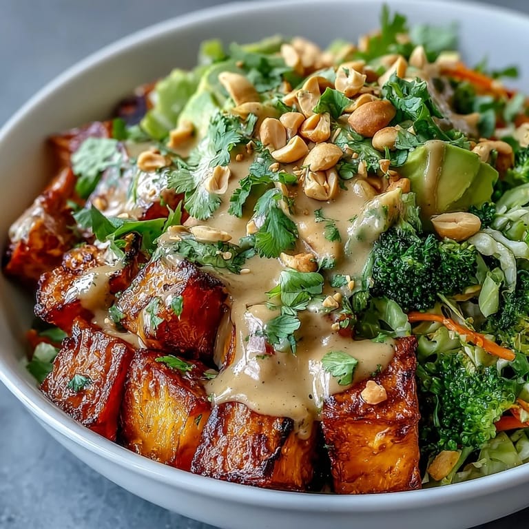 Healthy roasted sweet potato, crunchy broccoli, and sliced avocado tossed in a luscious, plant-based Thai peanut sauce for dinner.