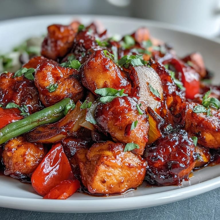 Garnished Spicy Sweet Chicken Diablo on a platter, ready to serve with sesame seeds and fresh green onions.
