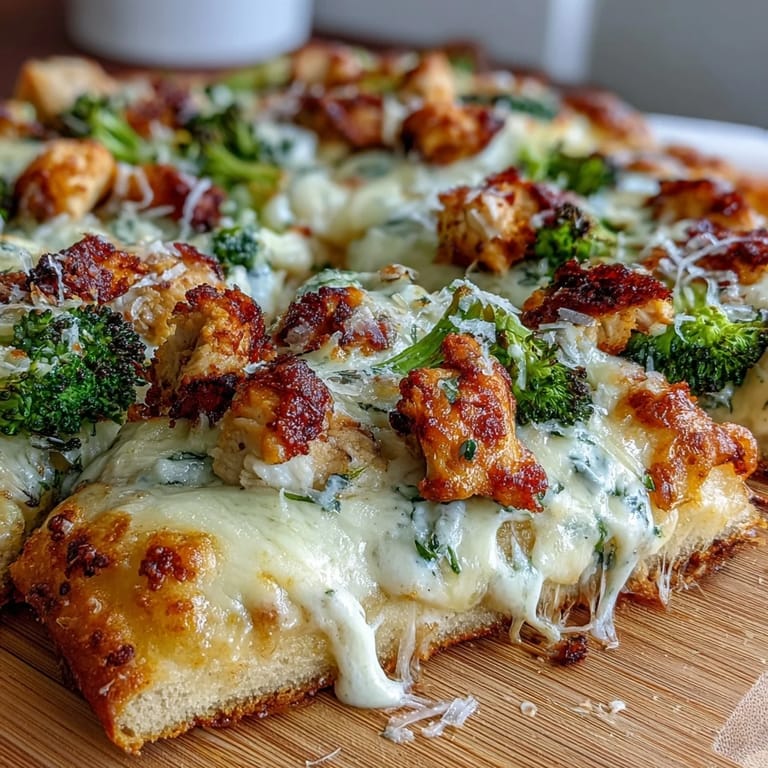 Golden Garlic Parmesan Chicken & Broccoli Pizza cut into wedges, served beside a green salad on a rustic table.