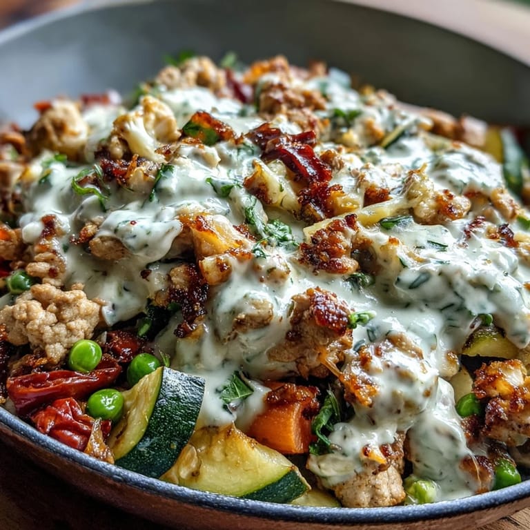 Easy weeknight Creamy Ranch Turkey & Veggie Skillet featuring ground turkey and zucchini in a creamy ranch sauce.