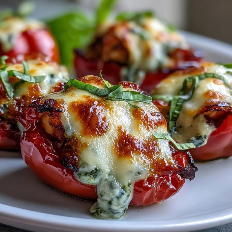 Bright red and yellow mini sweet peppers filled with creamy pesto chicken and melted cheese.
