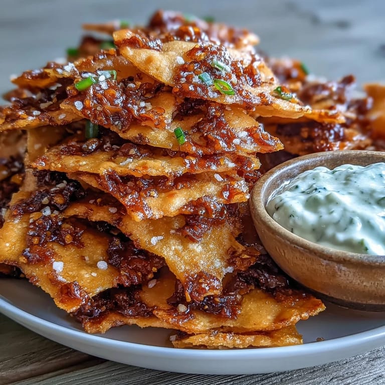 Appetizer platter featuring Spicy Chili Crisp Garlic Naan Chips, a bowl of cool cucumber dip, and serving napkins.