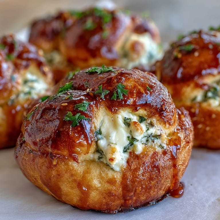 A platter of Hot Honey Ricotta Stuffed Garlic Knots served warm with a side of marinara.