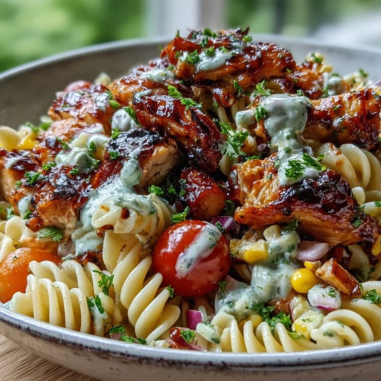 A refreshing bowl of Honey BBQ Chicken Pasta Salad, perfect for summer potlucks and picnics, garnished with fresh parsley.