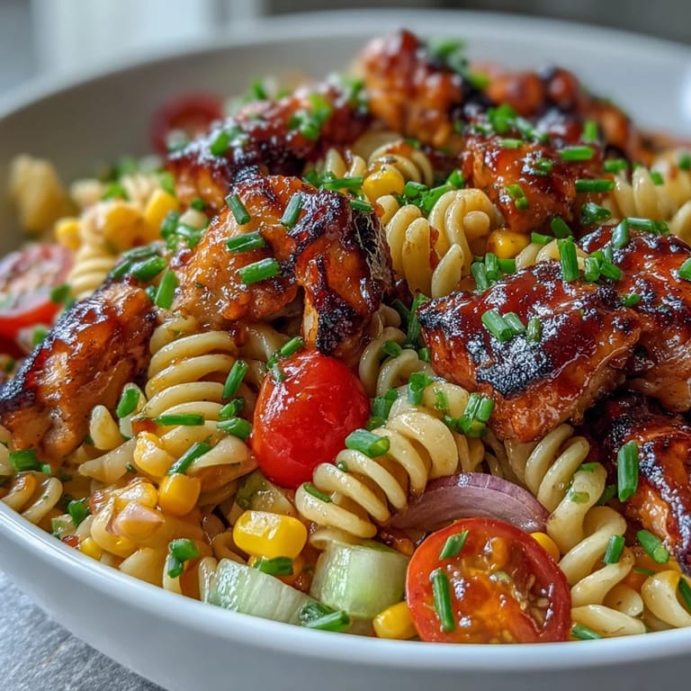 Glazed chicken, crunchy celery, and colorful veggies nestle in creamy dressing-tossed pasta, ideal for potlucks and backyard barbecues.