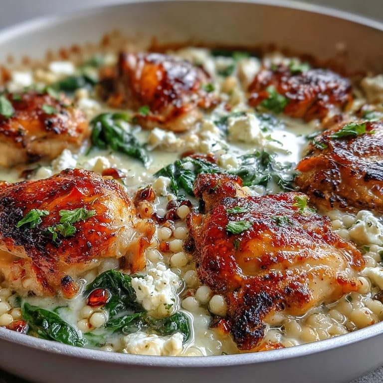 A skillet bake of tender chicken, pearl couscous, and wilted baby spinach, garnished with crumbled feta and lemon wedges.