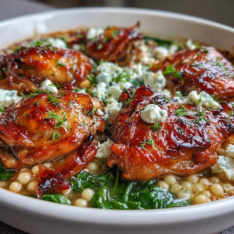 Close-up of a savory Greek-inspired chicken and pearl couscous bake, revealing a creamy texture and golden feta topping.