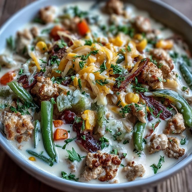Creamy Ranch Turkey & Veggie Skillet garnished with fresh parsley, served steaming hot over a bed of pasta.