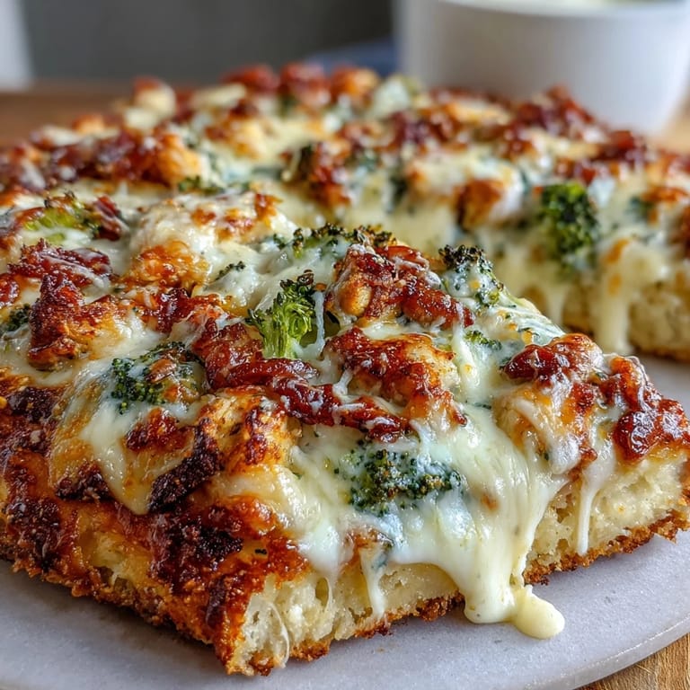 Freshly baked Garlic Parmesan Chicken & Broccoli Pizza on a rustic board, garnished with parsley and ready to serve for dinner.