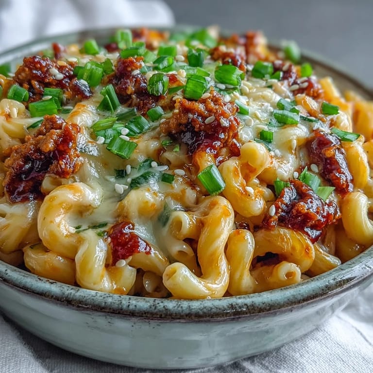 A close-up of Korean-Style Turkey Mac & Cheese featuring golden cheddar sauce, gochujang-spiced turkey, and a garnish of sliced green onions.
