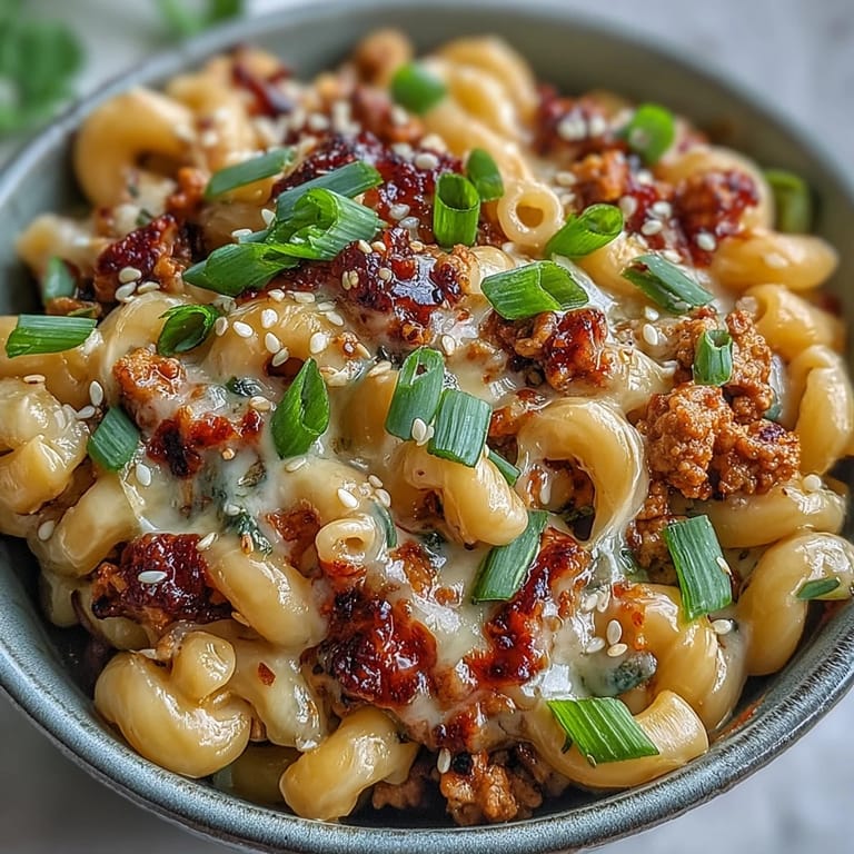 Sizzling ground turkey coated in gochujang glaze spooned over cheesy macaroni, creating a vibrant fusion of Korean and American comfort food.