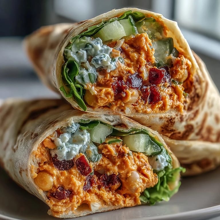 Spicy Vegan Buffalo Chickpea Salad Wraps cut in half, revealing chunky chickpea mash and vibrant shredded carrots.
