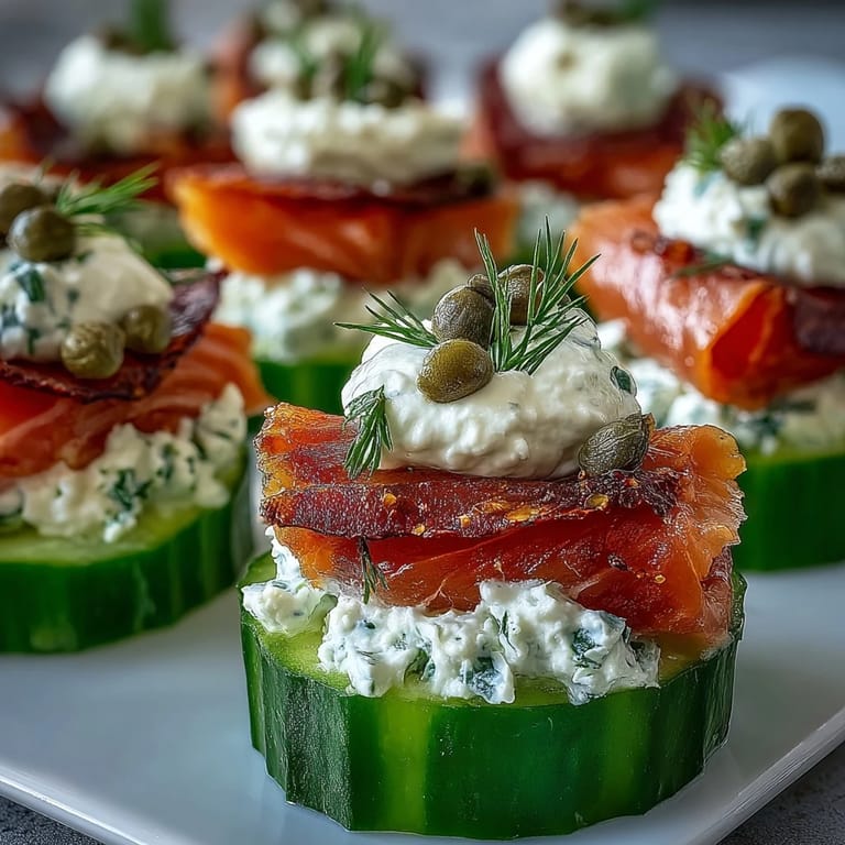 Close-up of Keto Smoked Salmon and Cream Cheese Cucumber Bites showing creamy filling and silky smoked salmon, perfect for elegant party finger foods.