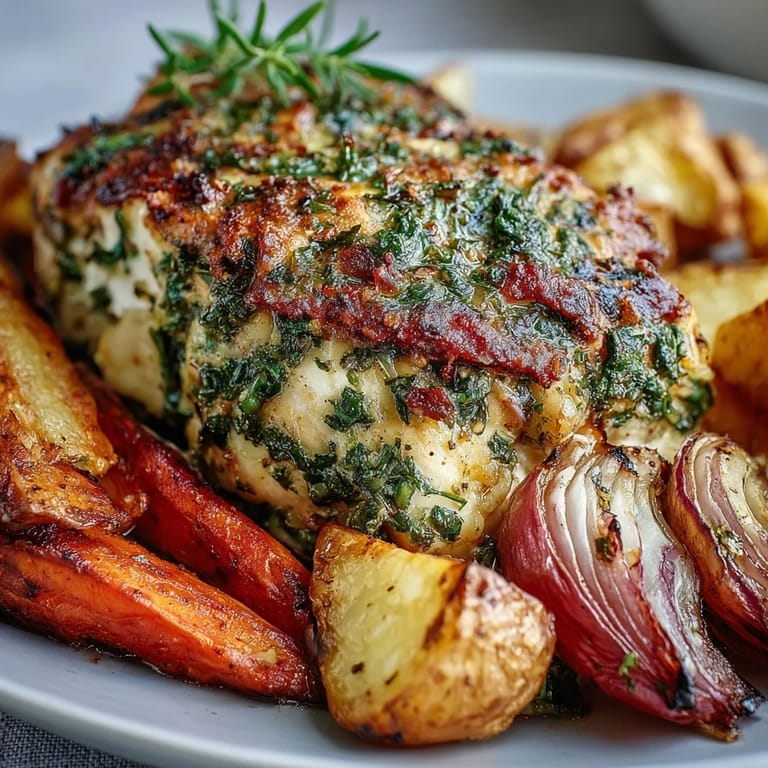 Golden-brown Sheet Pan Herb-Crusted Chicken with Root Vegetables roasted alongside colorful carrots and sweet potatoes, ready to serve.
