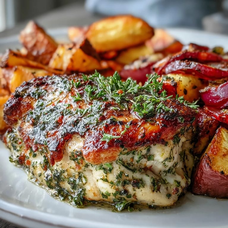 Savory Sheet Pan Herb-Crusted Chicken with Root Vegetables nestled over caramelized onions and parsnips on a large baking sheet.