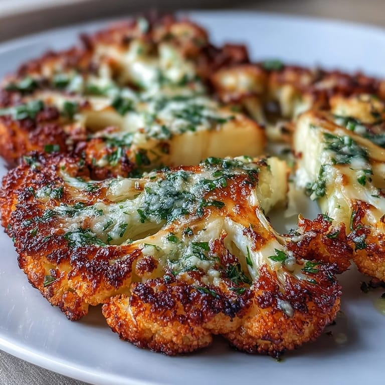 Thick-sliced Keto Garlic Parmesan Roasted Cauliflower Steaks roast on a baking sheet with garlic and Parmesan toppings for a low-carb meal.