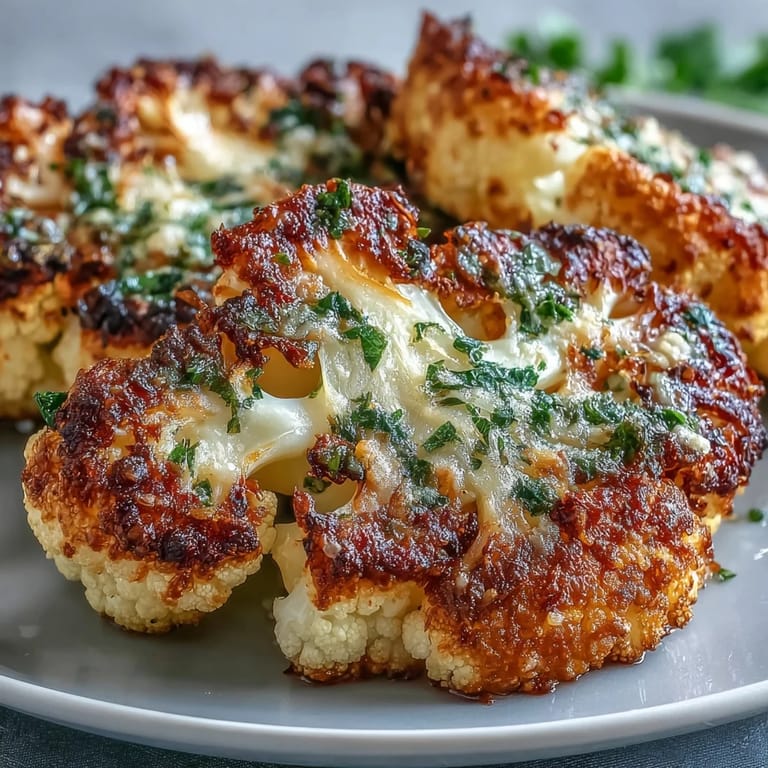 Sizzling Keto Garlic Parmesan Roasted Cauliflower Steaks topped with melted cheese and herbs, perfect for a vegetarian weeknight dinner.