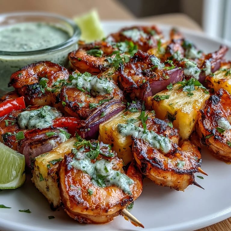 Zesty cilantro lime marinade coats grilled shrimp and pineapple skewers with charred veggies, plated with extra lime and fresh herbs.