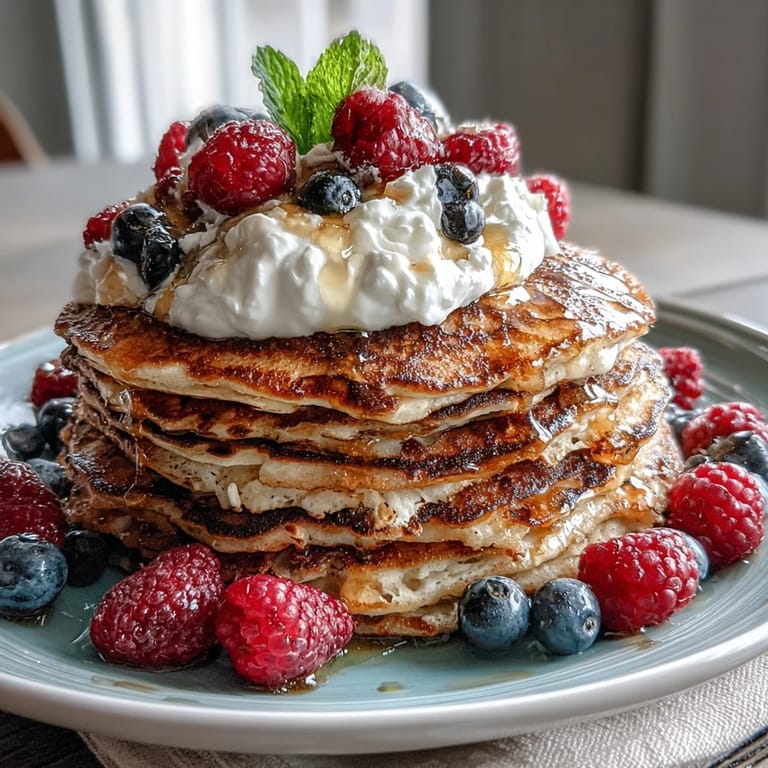 Stack of golden Berry Protein Pancakes with Greek Yogurt drizzled with honey, served on a rustic wooden table.